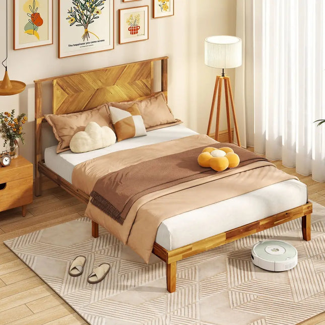 Twin/Full/Queen Size Bed Frame Mid-Century Acacia Wood Platform Bed with Headboard-Full Size - Simple Bed Frame