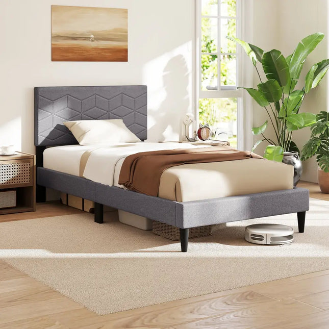 Twin/Full/Queen Size Bed Frame Modern Platform Bed with Linen Fabric Upholstered Headboard-Twin - Gray - Simple Bed