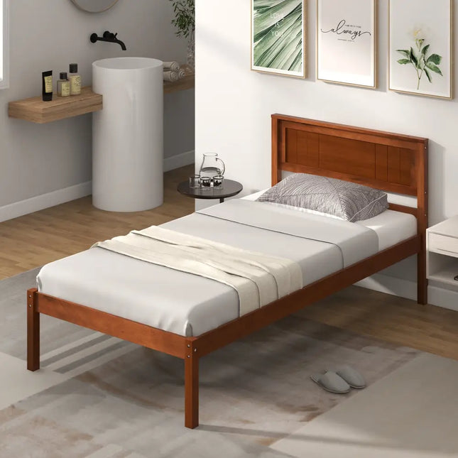 Twin/Full/Queen Size Bed Frame with Wooden Headboard and Slat Support-Twin Size - Walnut - Simple Bed Frame