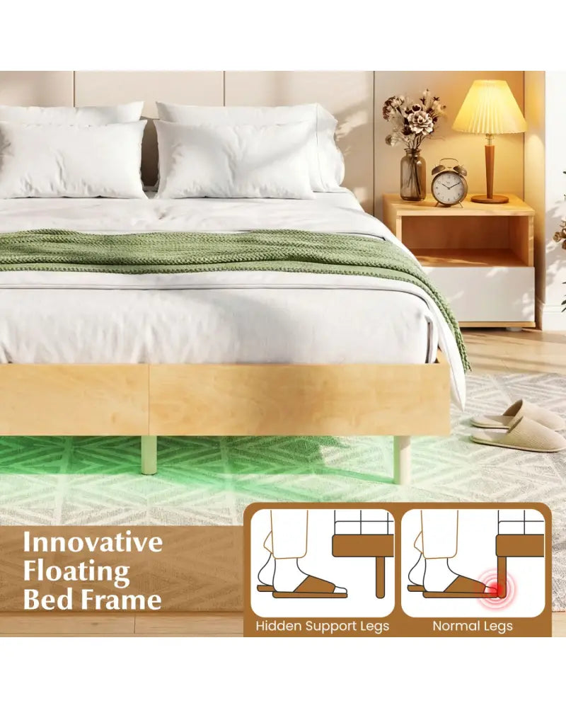 Twin/Full/Queen Size Floating Bed Frame with LED Lights for Bedroom-Full - Natural - Beds & Bed Frames