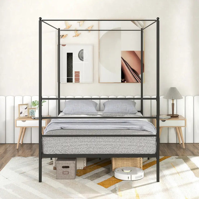 Twin/Full/Queen Size Metal Canopy Bed Frame with Slat Support-Full Size - Black - Simple Bed Frame