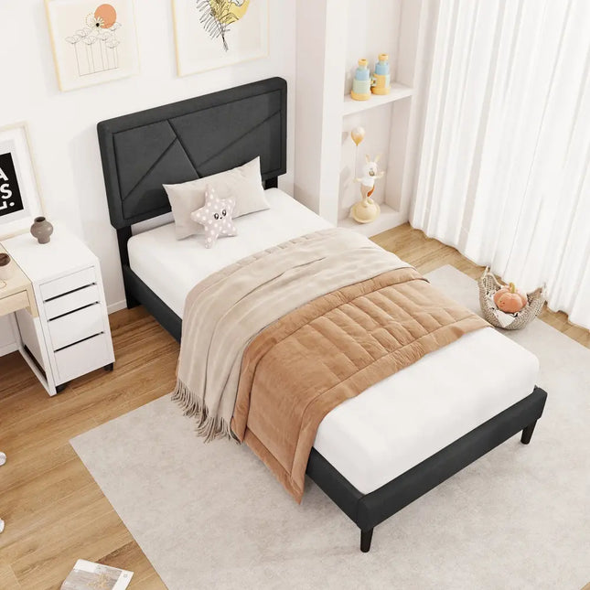 Twin/Full/Queen Size Upholstered Platform Bed Frame with High Headboard-Twin - Gray - Simple Bed Frame