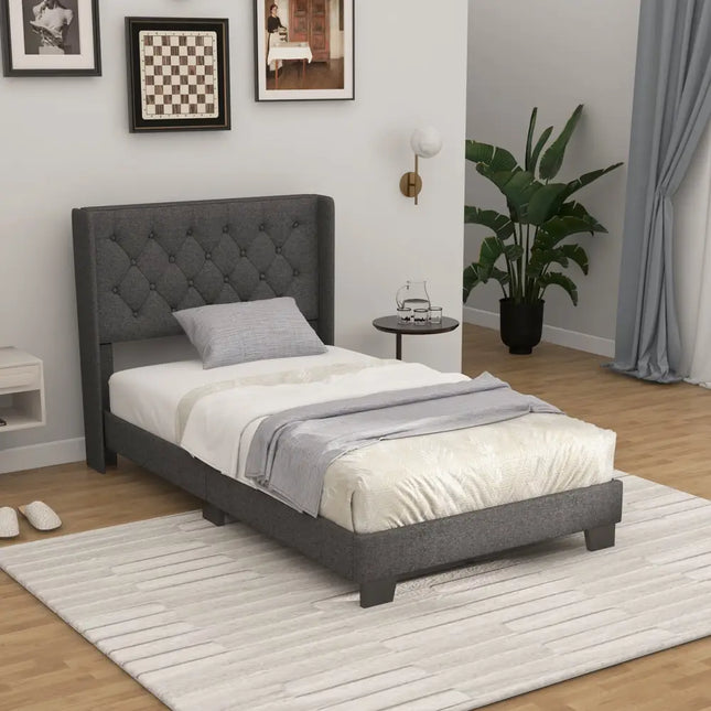 Twin/Full/Queen Size Upholstered Platform Bed with Button Tufted Headboard-Twin Size - Gray - Simple Bed Frame