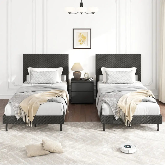 Twin/Full/Queen Size Velvet Bed Frame Upholstered Platform Bed with Chevron Headboard Gray-Twin - Simple Bed Frame