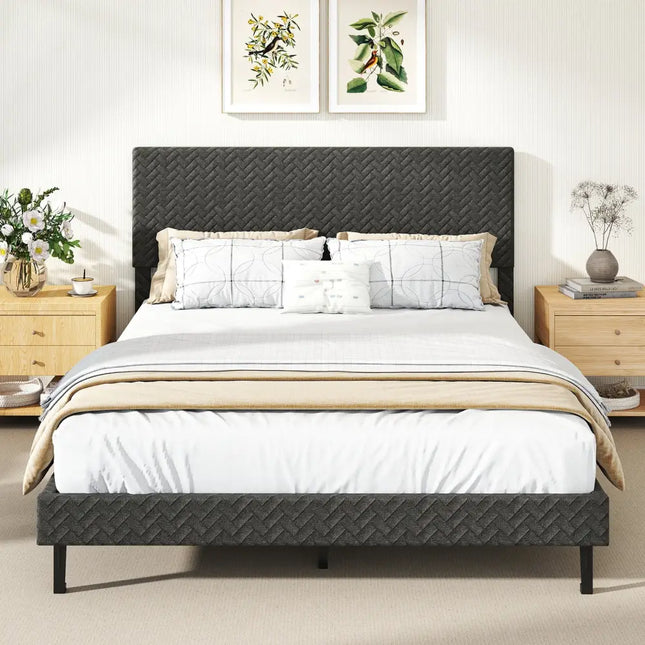 Twin/Full/Queen Size Velvet Bed Frame Upholstered Platform Bed with Chevron Headboard Gray-Queen - Simple Bed Frame