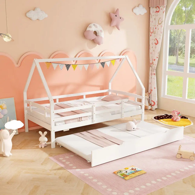 Twin House Bed with Trundle and Fence Rail-White - White - Trundle Bed Frame