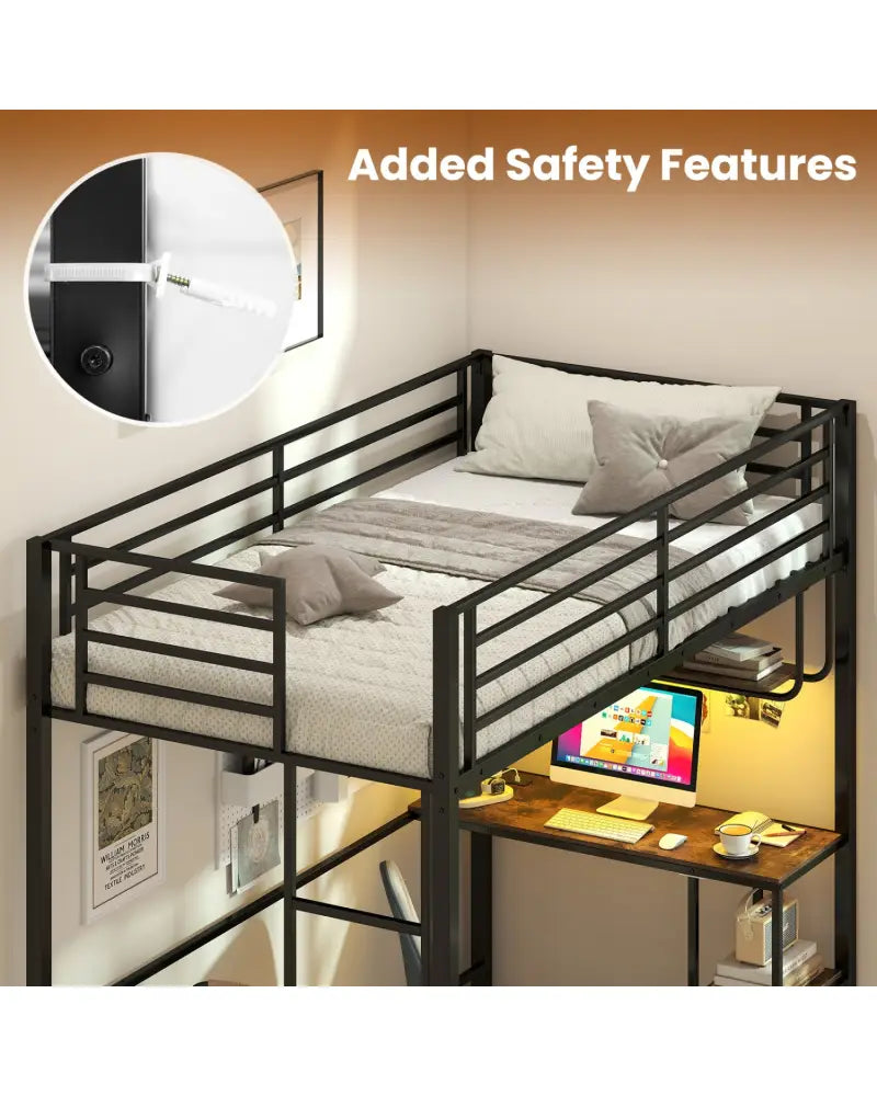 Twin Loft Bed with Desk LED Lights Charging Station Heavy-duty Metal Bed Frame with Guardrail-Black - Black - Bunk Bed