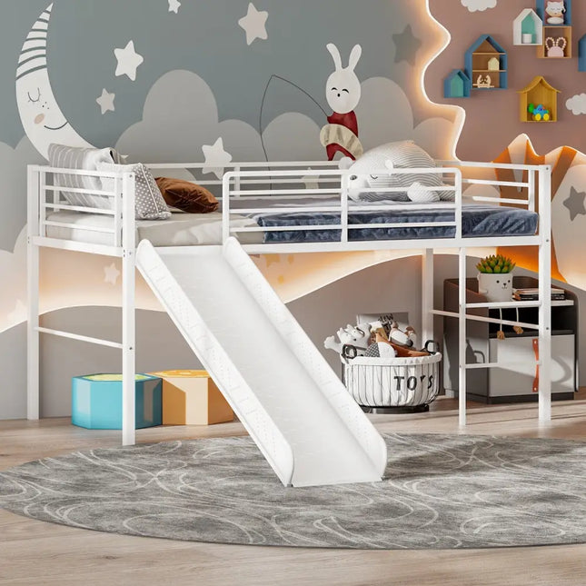 Twin Metal Loft Bed with Slide with Safety Guardrails and Built-in Ladder-White - White - Bunk Bed Frame