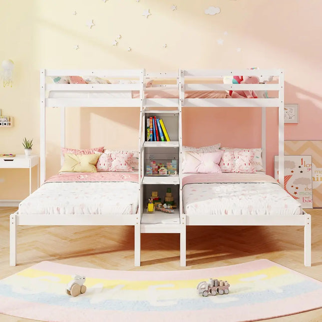 Twin Over Twin and Twin Bunk Bed with Storage Staircase and Guardrail for 3 Kids Teens-White - White - Bunk Bed Frame