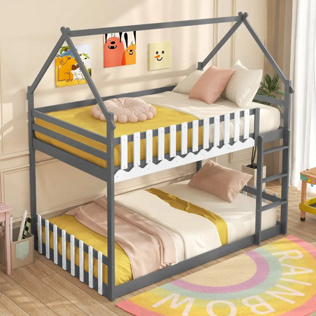 Twin Over Twin Bunk Bed with Fence and Ladder for Kids-Gray - Gray - Bunk Bed Frame