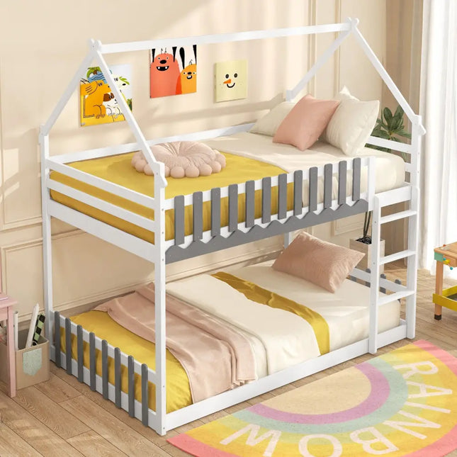 Twin Over Twin Bunk Bed with Fence and Ladder for Kids-White - White - Bunk Bed Frame