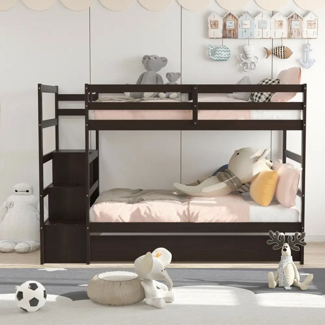 Twin Over Twin Bunk Bed with Storage Shelf and Drawer-Espresso - Dark Brown - Bunk Bed Frame