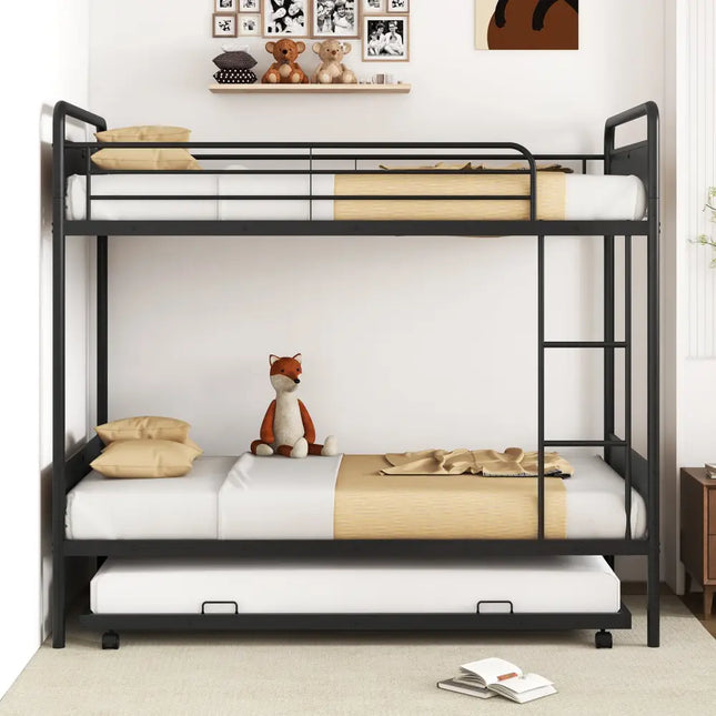 Twin Over Twin Bunk Bed with Trundle with Ladder and Full-length Guardrails-Black - Black - Bunk Bed Frame