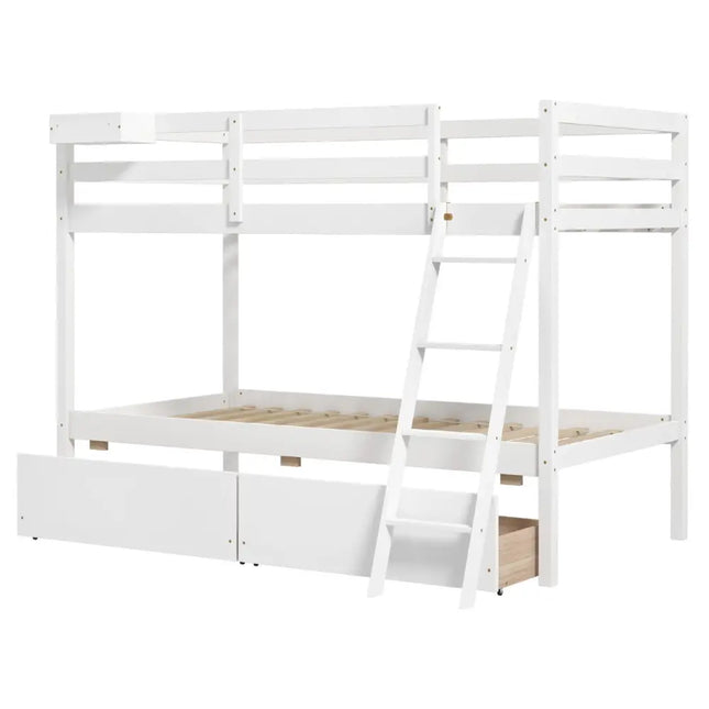 Twin Over Twin Bunk Bed Wood Bed Frame with 2 Storage Drawers and Ladder-White - White - Bunk Bed Frame