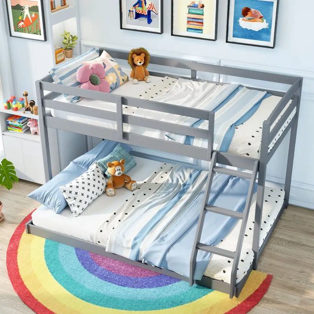 Twin Over Full Bunk Bed Low Floor Bunk Bed Frame-Gray - Gray - Bunk Bed Frame