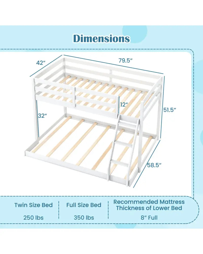 Twin Over Full Bunk Bed Low Floor Bunk Bed Frame-White - White - Bunk Bed Frame