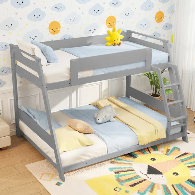 Twin Over Full Low Bunk Bed with Reversible Ladder-Gray - Gray - Bunk Bed Frame