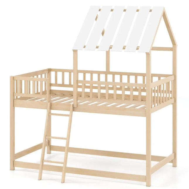 Twin Over Twin House Bunk Bed with Roof and Full-length Guardrails for Kids Teens Boys Girls-Natural - Natural - Bunk