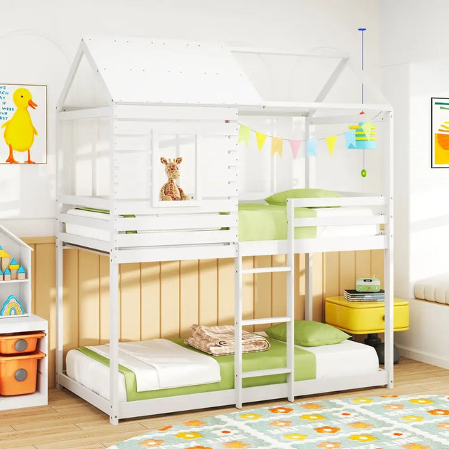 Twin over Twin House Bunk Bed with Roof and Full-length Guardrails-White - White - Bunk Bed Frame