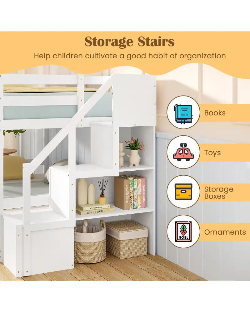 Twin Over Twin Low Bunk Bed with Storage Stairs Solid Wood Floor Bunk Bed Frame-White - White - Bunk Bed Frame