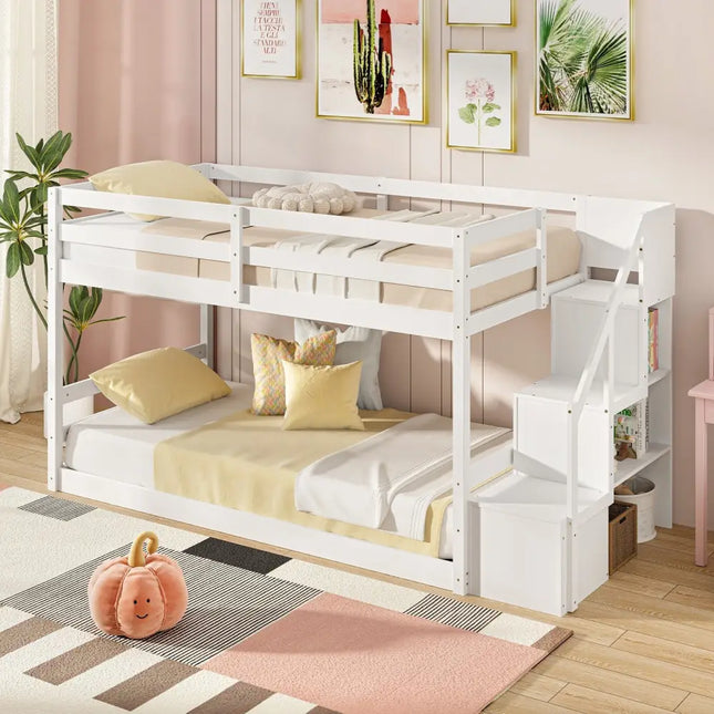 Twin Over Twin Low Bunk Bed with Storage Stairs Solid Wood Floor Bunk Bed Frame-White - White - Bunk Bed Frame