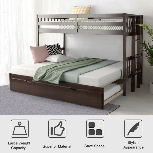 Twin Pull-Out Bunk Bed with Trundle Wooden Ladder-Dark Brown - Dark Brown - Bunk Bed Frame