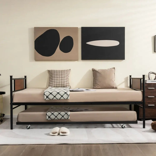 Twin Size 2-In-1 Daybed Frame with Pullout Trundle - Black - Trundle Bed Frame