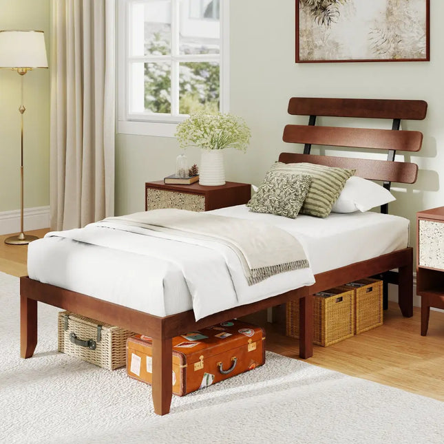 Twin Size Bed Frame 15.5 Inch Solid Wood Platform Bed with Retro Headboard - Walnut - Simple Bed Frame