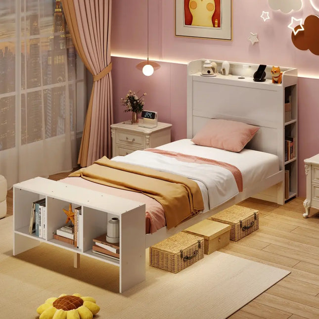 Twin Size Bed Frame with 2 USB Ports with Storage Headboard and Lights-Twin Size - White - Simple Bed Frame