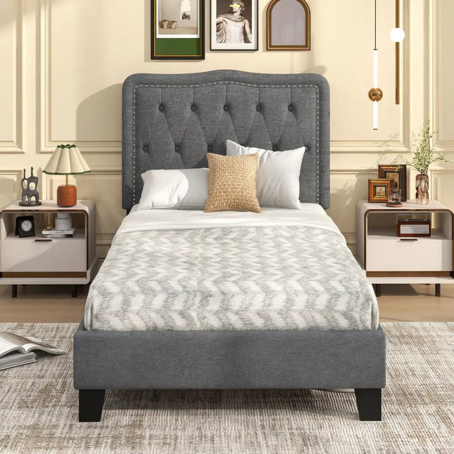 Twin Size Bed Frame with 46 Inch Tall Button Tufted Headboard-Gray - Gray - Simple Bed Frame