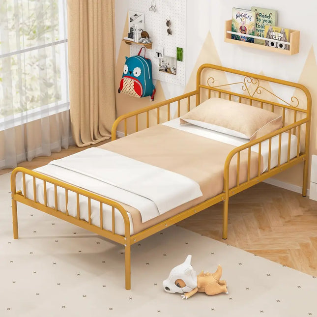 Twin Size Bed Frame with Headboard and Safety Side Guardrails-Gold - Gold - Simple Bed Frame