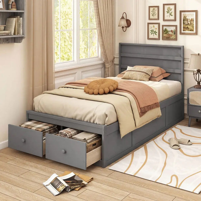Twin Size Bed Frame with Storage Drawers and Headboard-Gray - Gray - Simple Bed Frame