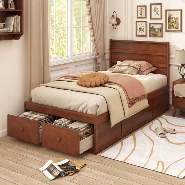 Twin Size Bed Frame with Storage Drawers and Headboard-Walnut - Walnut - Simple Bed Frame