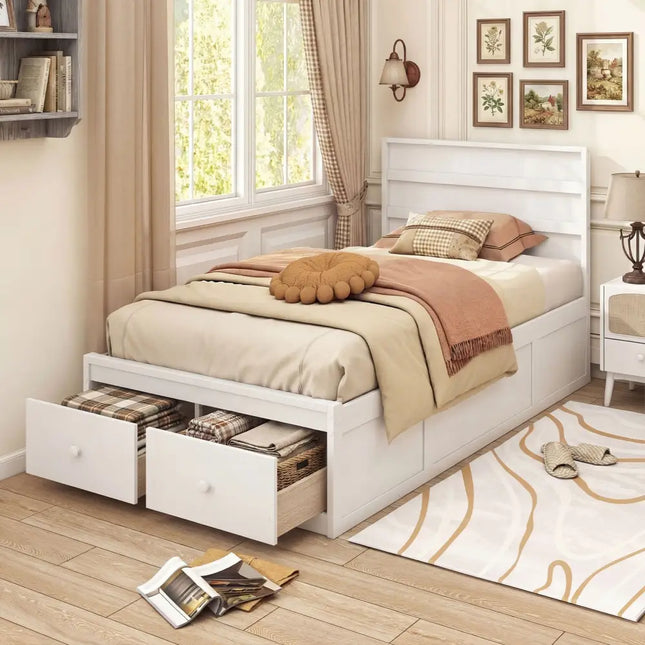 Twin Size Bed Frame with Storage Drawers and Headboard-White - White - Simple Bed Frame