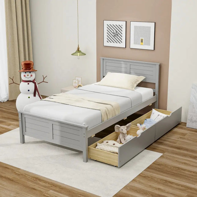 Twin Size Bed Frame with Storage Drawers-Gray - Gray - Trundle Bed Frame