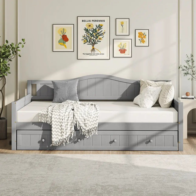 Twin Size Daybed with Trundle and Slats Support on Wheels-Gray - Gray - Trundle Bed Frame