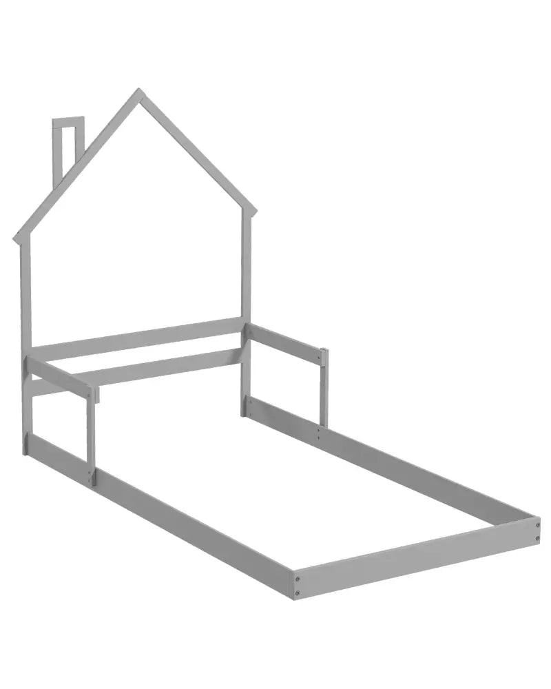 Twin Size Floor Bed with Chimney and Headboard and Handrail-Gray - Gray - Toddler Beds