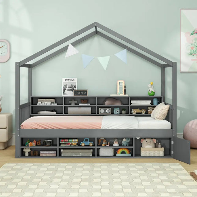 Twin Size House Bed with Roof with 14 Storage Cubes and Enclosed Cabinet-Gray - Gray - Trundle Bed Frame