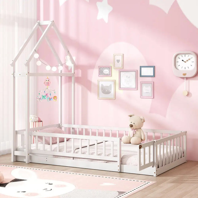 Twin Size House Floor Bed with House-shaped Headboard-White - White - Simple Bed Frame