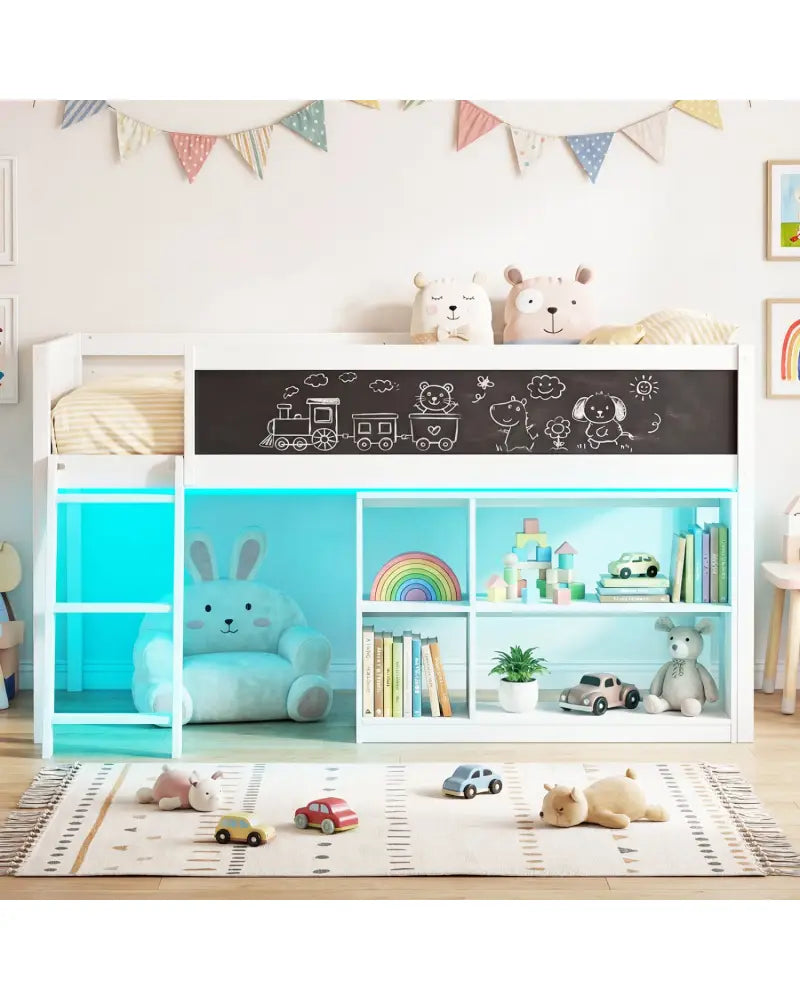 Twin Size Kids Loft Bed with LED Lights and Removable Bookcase-White - White - Bunk Bed Frame