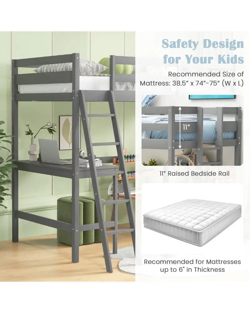 Twin Size Loft Bed Frame with Desk Angled and Built-in Ladder-Gray - Gray - Bunk Bed Frame