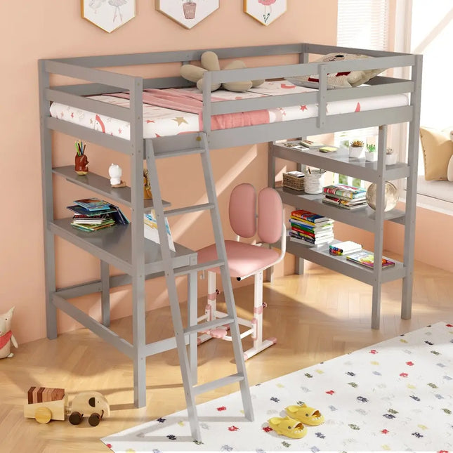 Twin Size Loft Bed with Desk and Bookshelves for Kids and Teens-Gray - Gray - Bunk Bed Frame