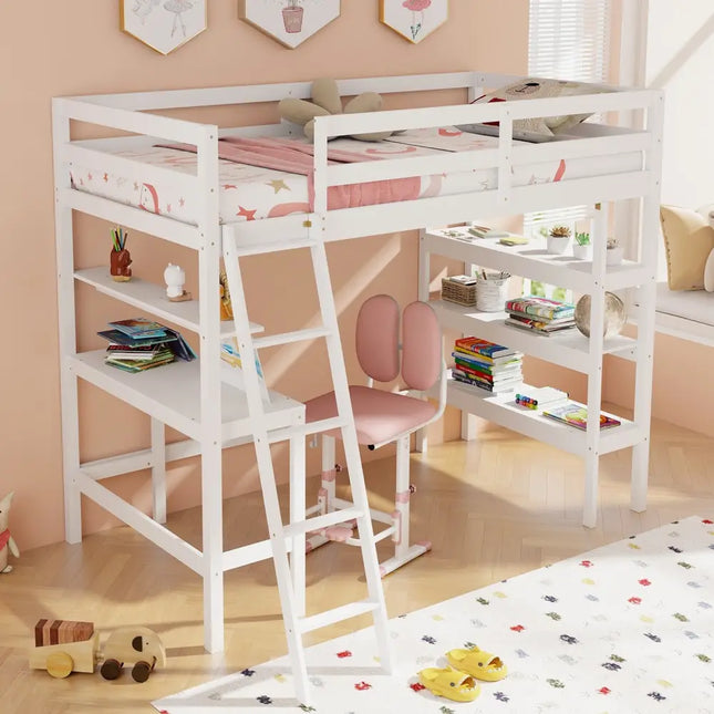 Twin Size Loft Bed with Desk and Bookshelves for Kids and Teens-White - White - Bunk Bed Frame