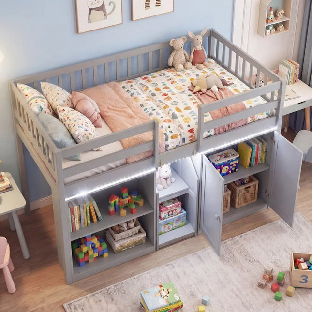 Twin Size Loft Bed with LED Lights and Kids Wooden Bed Frame-Gray - Gray - Bunk Bed Frame