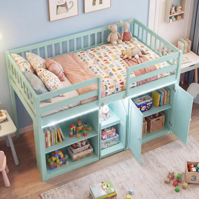 Twin Size Loft Bed with LED Lights and Kids Wooden Bed Frame-Green - Green - Bunk Bed Frame
