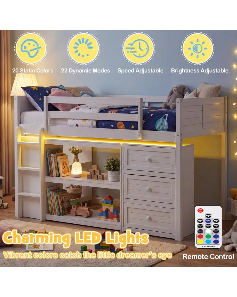 Twin Size Loft Bed with LED Lights and Underbed Space for Kids-White - White - Bunk Bed Frame