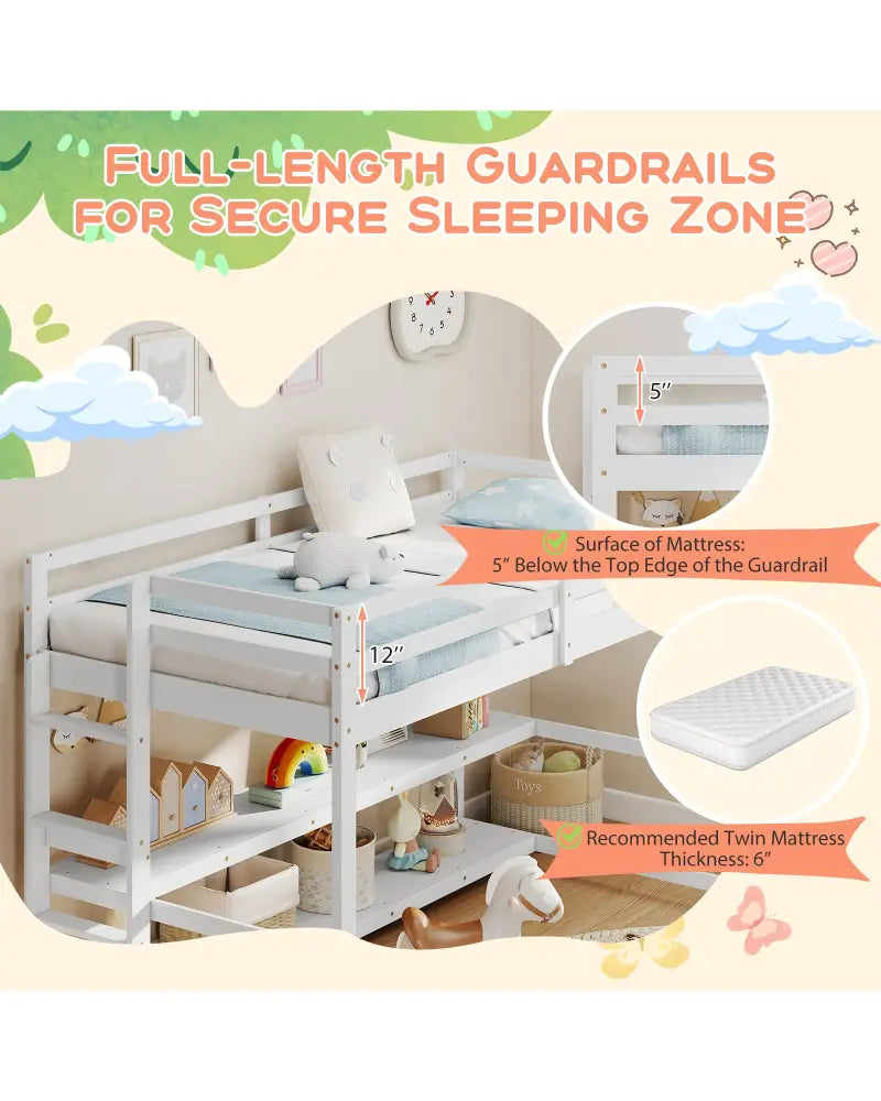 Twin Size Loft Bed with Storage Shelves Full-length Guardrails and Ladder-White - White - Bunk Bed Frame