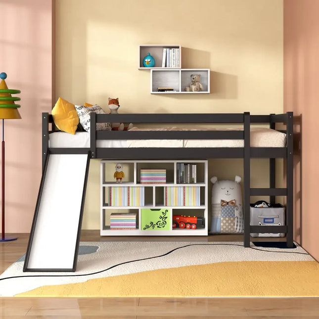 Twin Size Low Sturdy Loft Bed with Slide Wood -Dark Brown - Dark Brown - Bunk Bed Frame