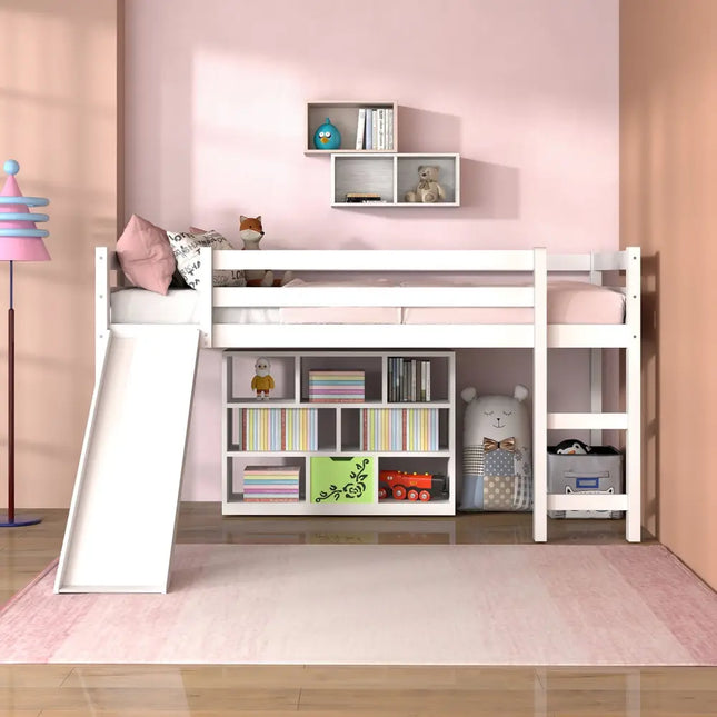 Twin Size Low Sturdy Loft Bed with Slide Wood-White - White - Bunk Bed Frame