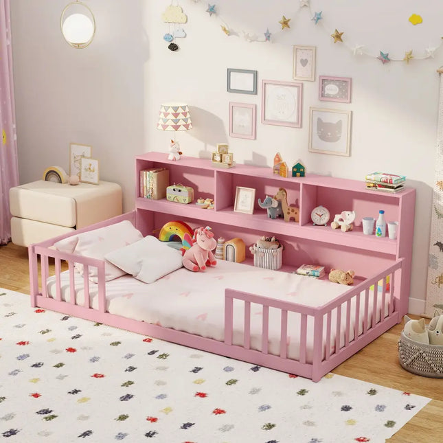 Twin Size Montessori Floor Bed with Bookcase-Pink - Pink - Trundle Bed Frame